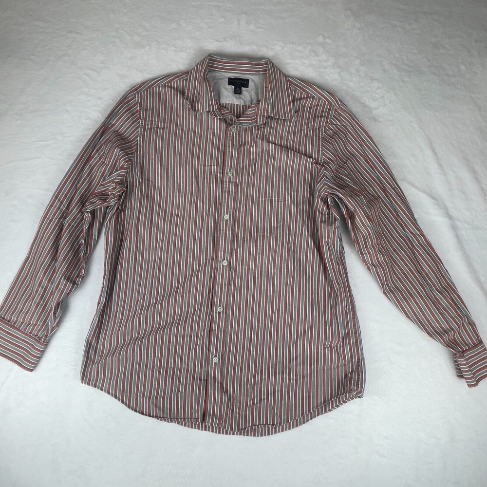 Banana Republic Dress Shirt Mens 17.5 Gray Red Striped Long Sleeve Button Down‎